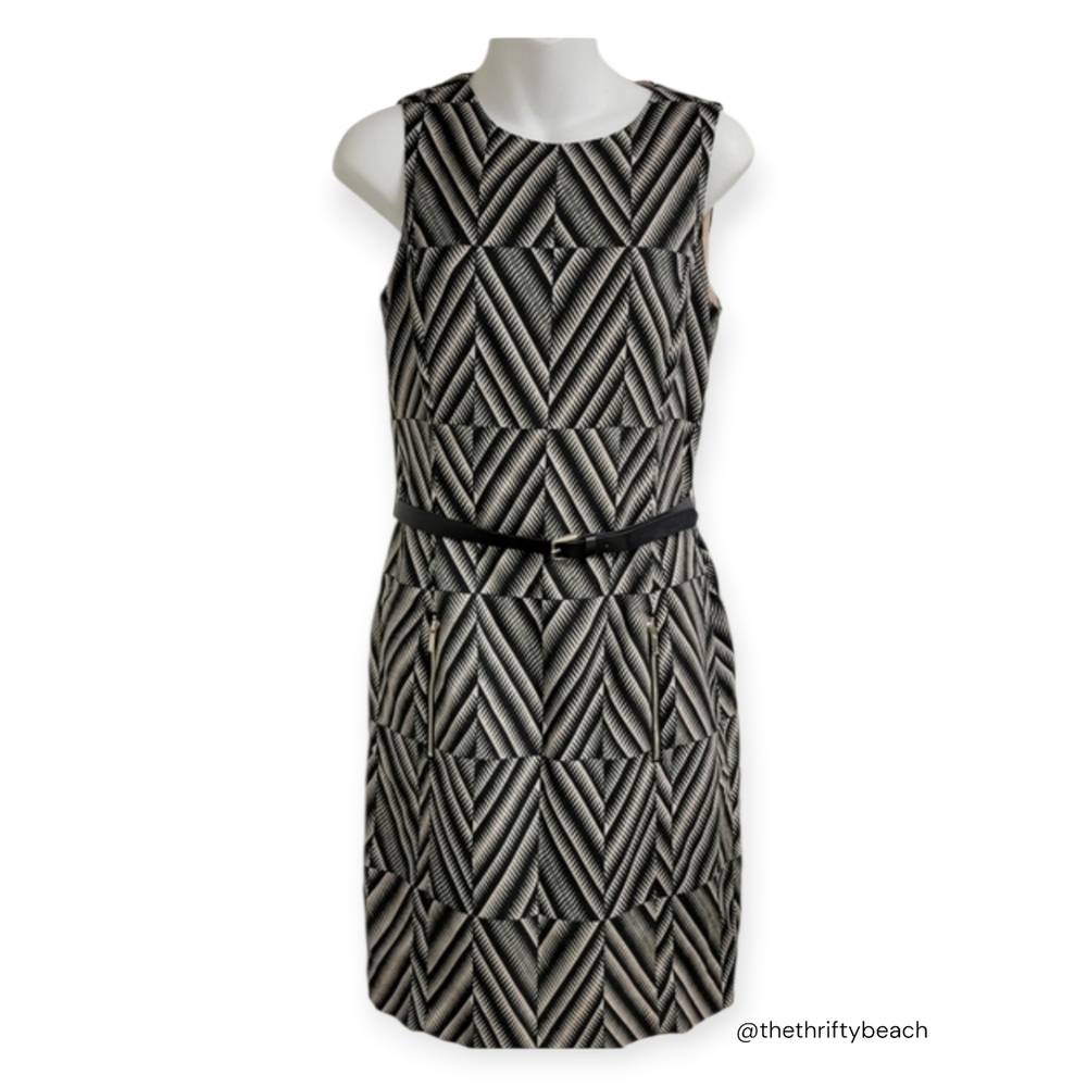 Anne Klein Belted Black and White Geometric Midi Dress